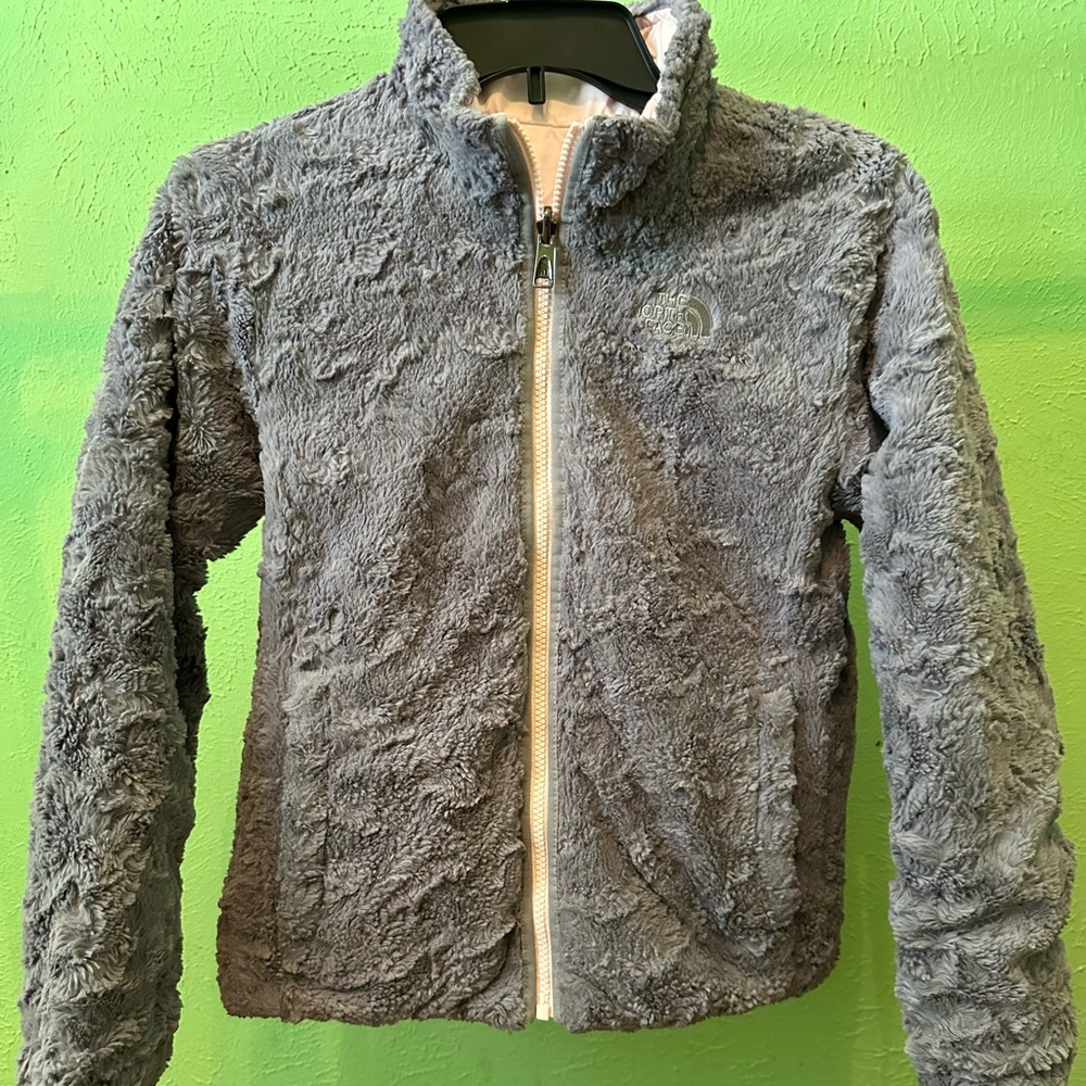 The North Face Reversible Girls Medium Puffer Coat Jacket Pink Faux Fur